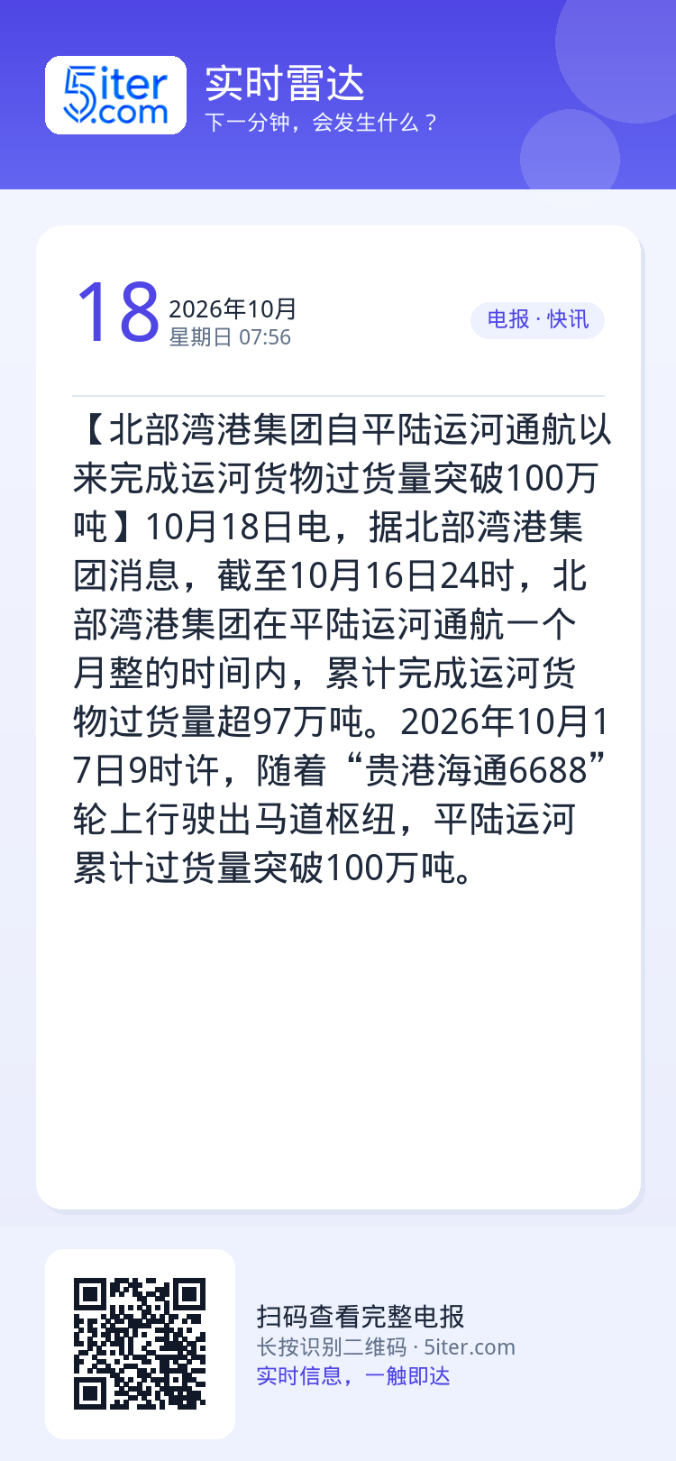 【北部湾港集团自平陆运河通航以来完成运河货物过货量突破100万吨】10月18日电，据北部湾港集团消息，截至10月16日2
