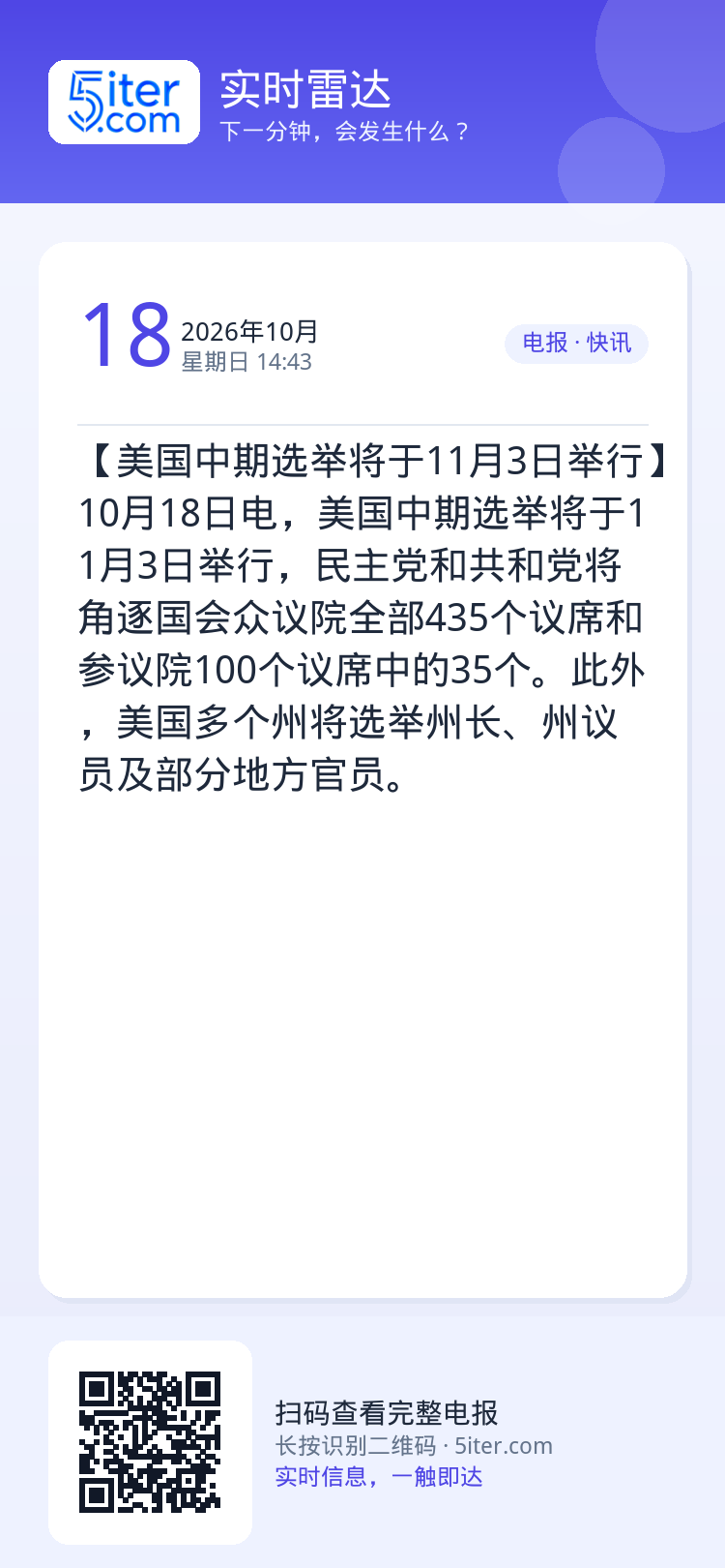 【美国中期选举将于11月3日举行】10月18日电，美国中期选举将于11月3日举行，民主党和共和党将角逐国会众议院全部43