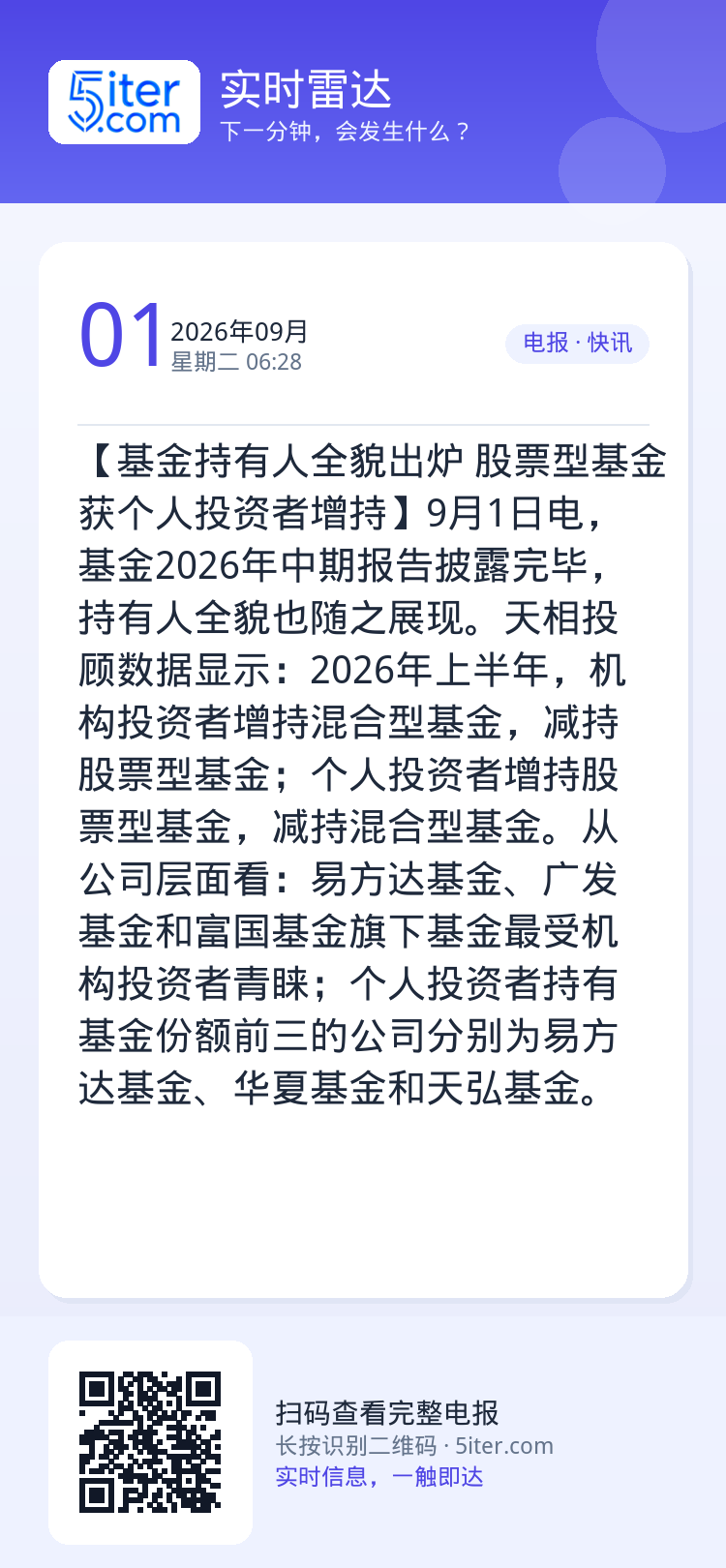 【基金持有人全貌出炉 股票型基金获个人投资者增持】9月1日电，基金2026年中期报告披露完毕，持有人全貌也随之展现。天相