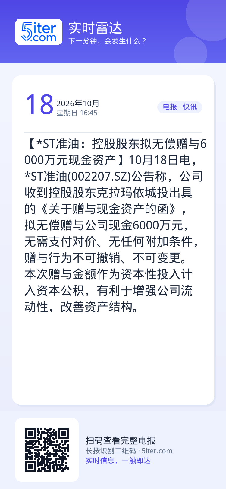 【*ST准油：控股股东拟无偿赠与6000万元现金资产】10月18日电，*ST准油(002207.SZ)公告称，公司收到控