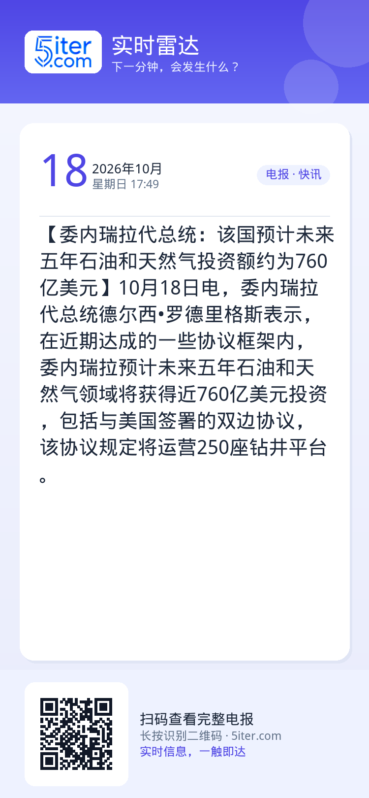 【委内瑞拉代总统：该国预计未来五年石油和天然气投资额约为760亿美元】10月18日电，委内瑞拉代总统德尔西•罗德里格斯表