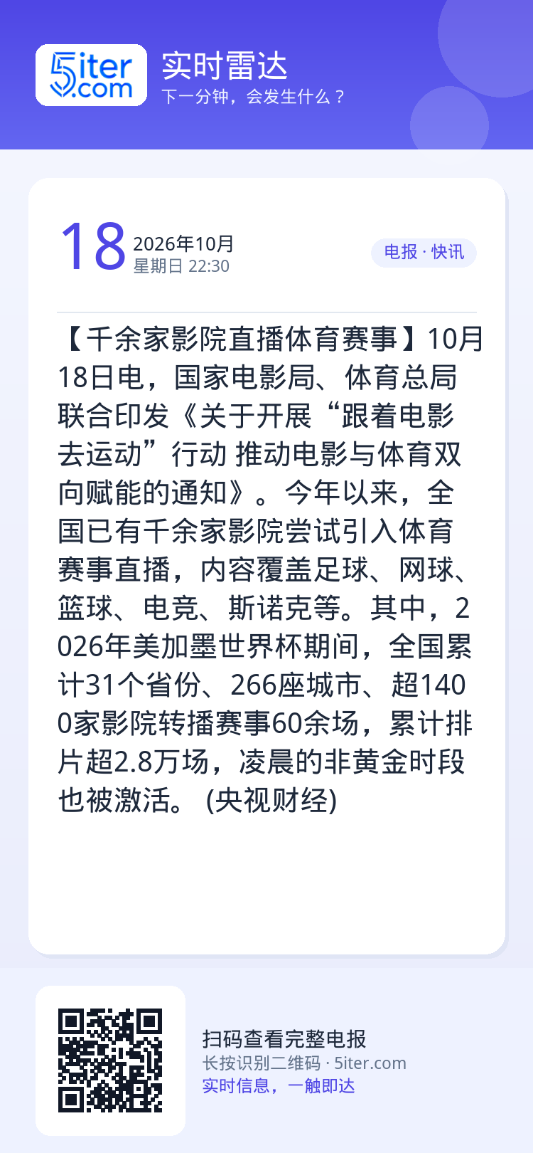 【千余家影院直播体育赛事】10月18日电，国家电影局、体育总局联合印发《关于开展“跟着电影去运动”行动 推动电影与体育双