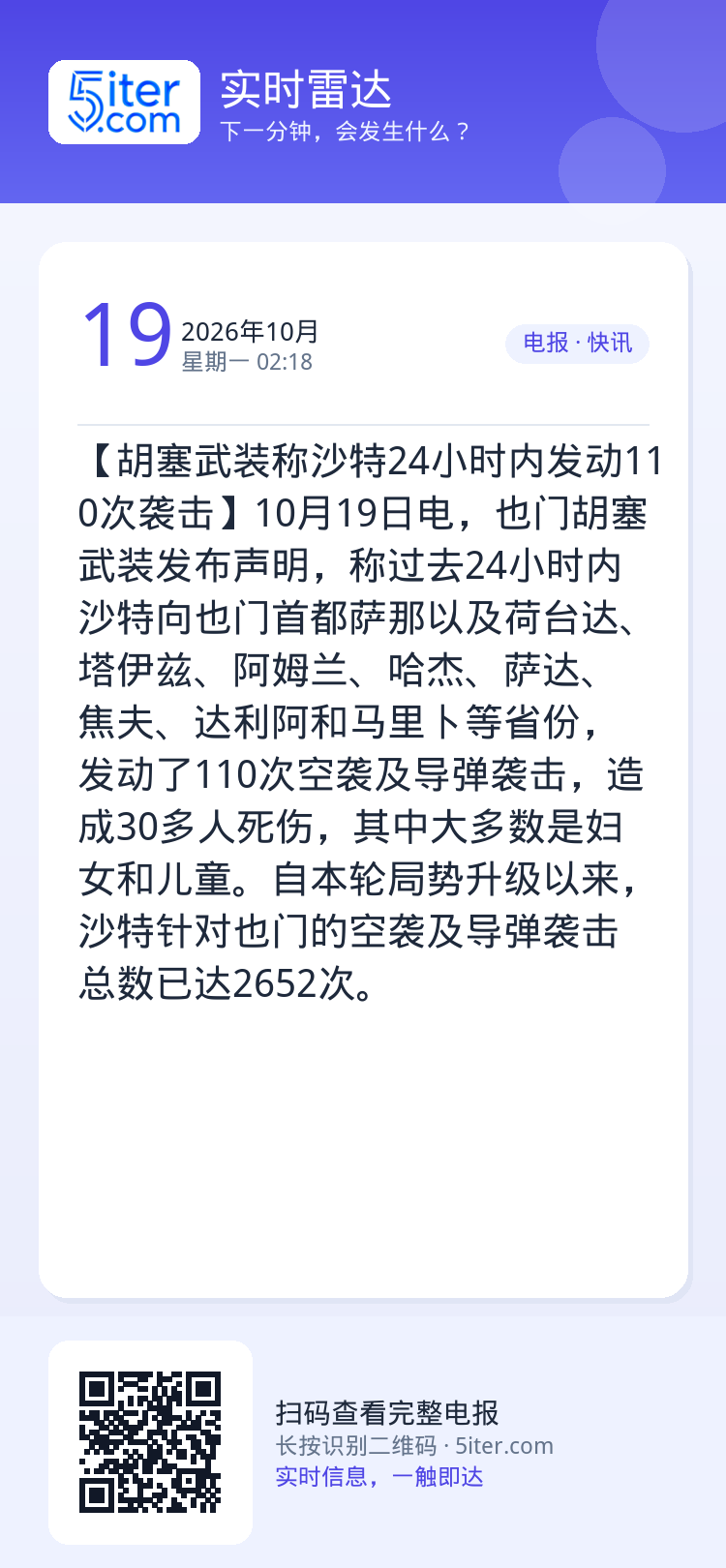 【胡塞武装称沙特24小时内发动110次袭击】10月19日电，也门胡塞武装发布声明，称过去24小时内沙特向也门首都萨那以及