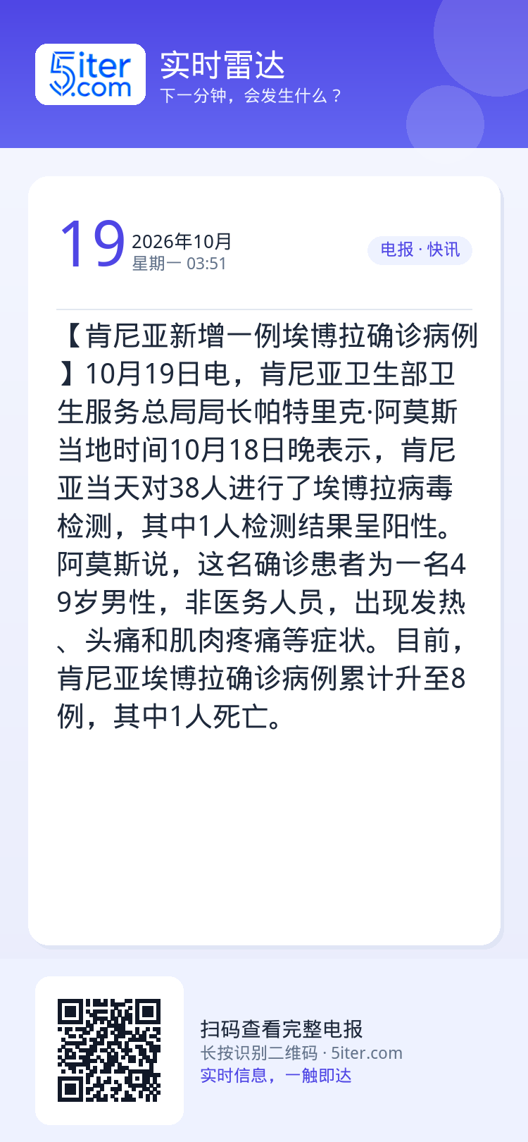 【肯尼亚新增一例埃博拉确诊病例】10月19日电，肯尼亚卫生部卫生服务总局局长帕特里克·阿莫斯当地时间10月18日晚表示，