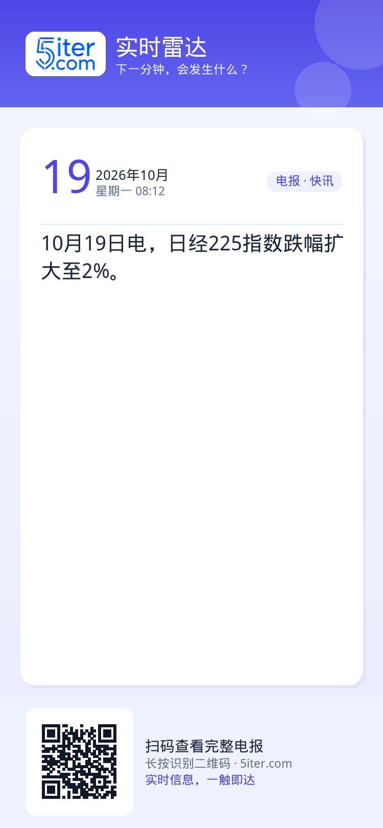 10月19日电，日经225指数跌幅扩大至2%。