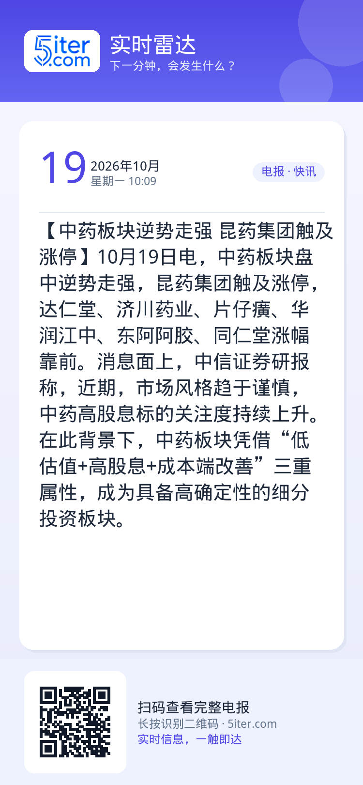 【中药板块逆势走强 昆药集团触及涨停】10月19日电，中药板块盘中逆势走强，昆药集团触及涨停，达仁堂、济川药业、片仔癀、