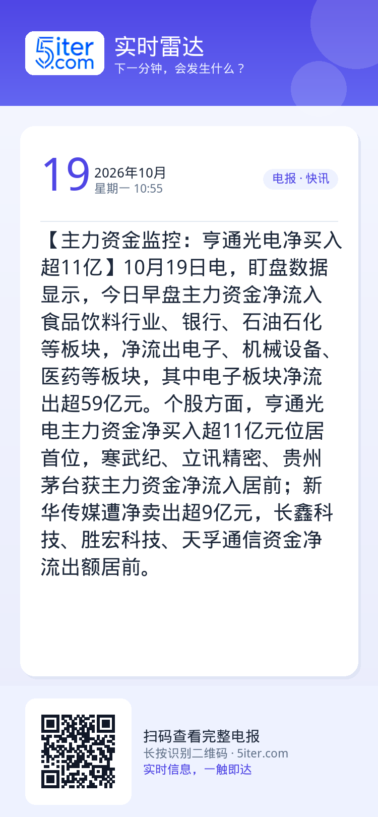 【主力资金监控：亨通光电净买入超11亿】10月19日电，盯盘数据显示，今日早盘主力资金净流入食品饮料行业、银行、石油石化