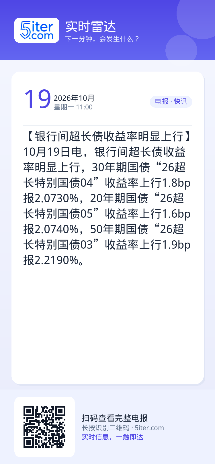 【银行间超长债收益率明显上行】10月19日电，银行间超长债收益率明显上行，30年期国债“26超长特别国债04”收益率上行