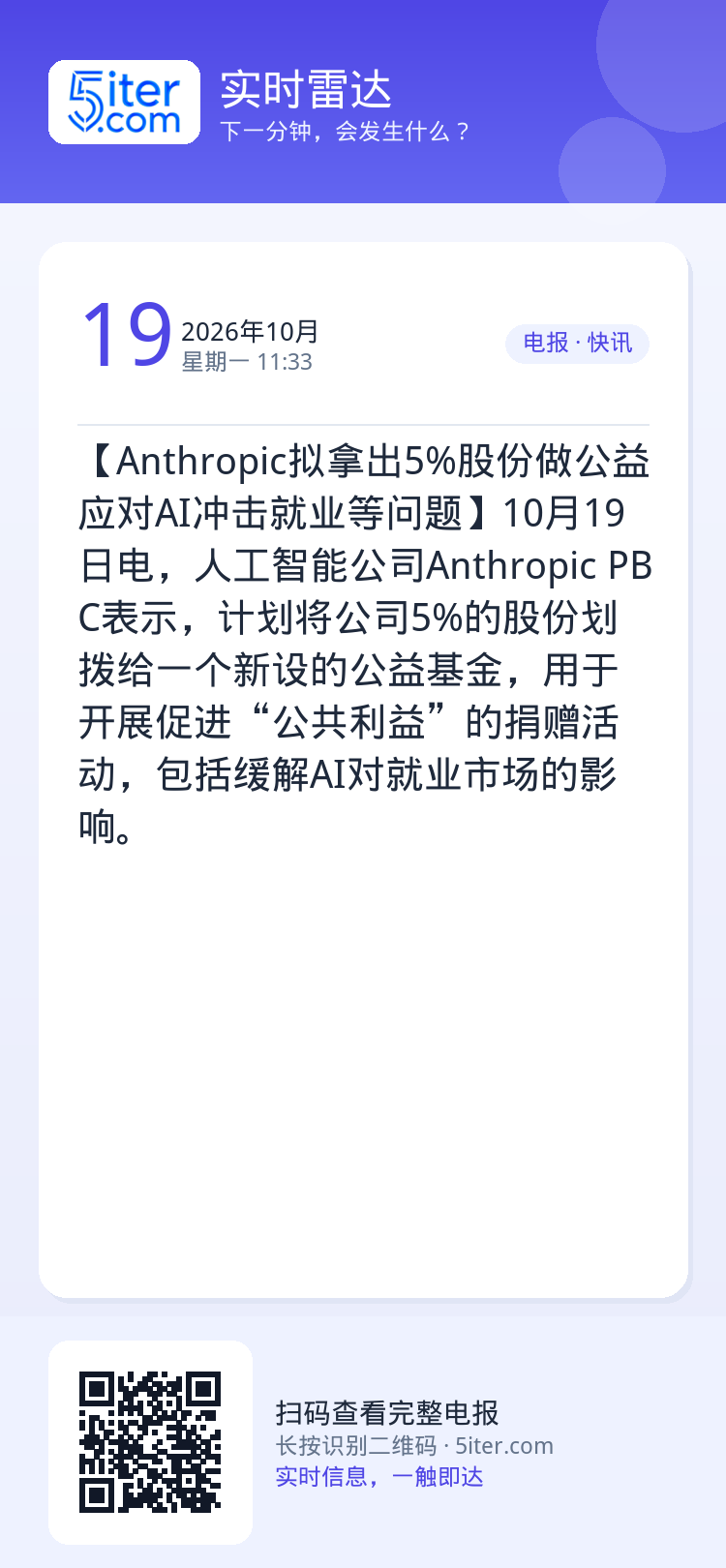 【Anthropic拟拿出5%股份做公益 应对AI冲击就业等问题】10月19日电，人工智能公司Anthropic PBC