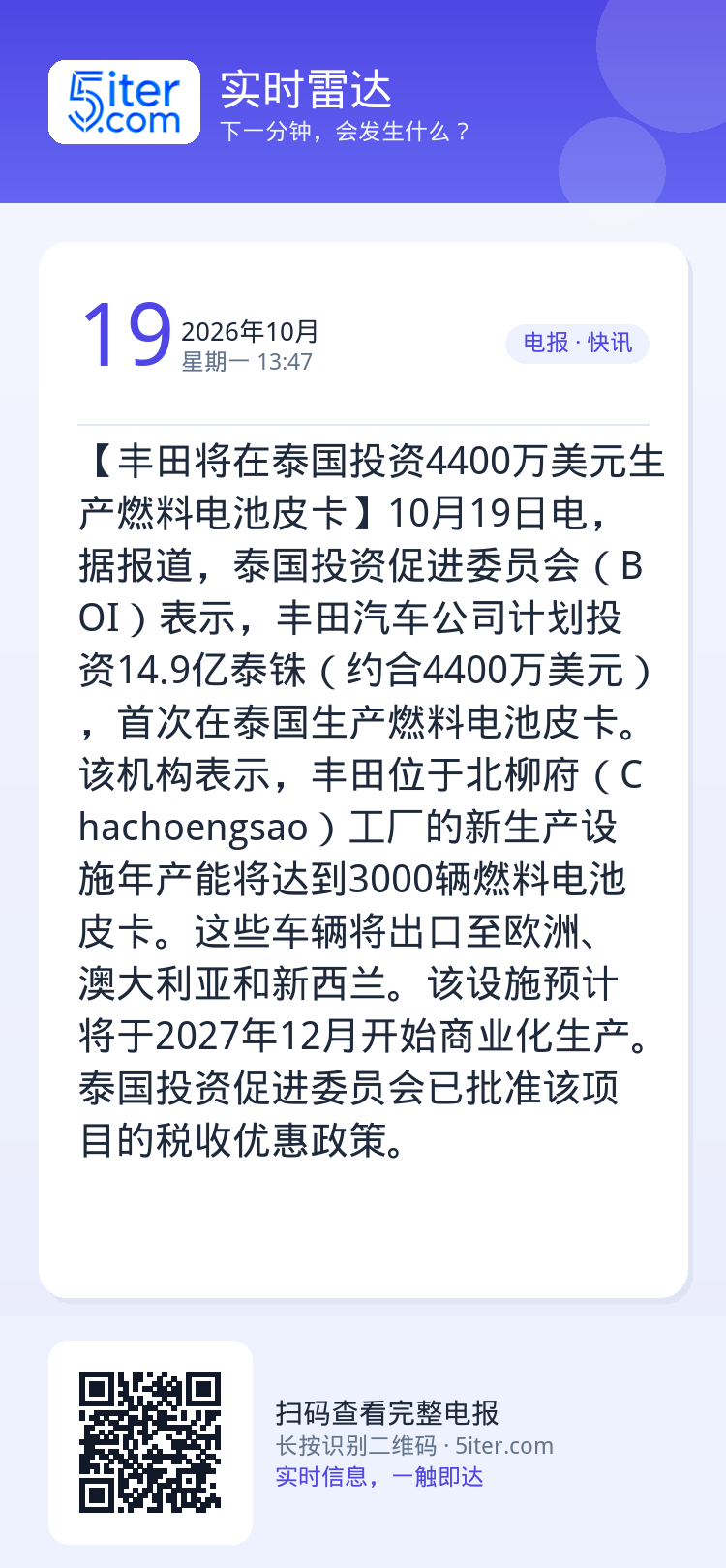 【丰田将在泰国投资4400万美元生产燃料电池皮卡】10月19日电，据报道，泰国投资促进委员会（BOI）表示，丰田汽车公司