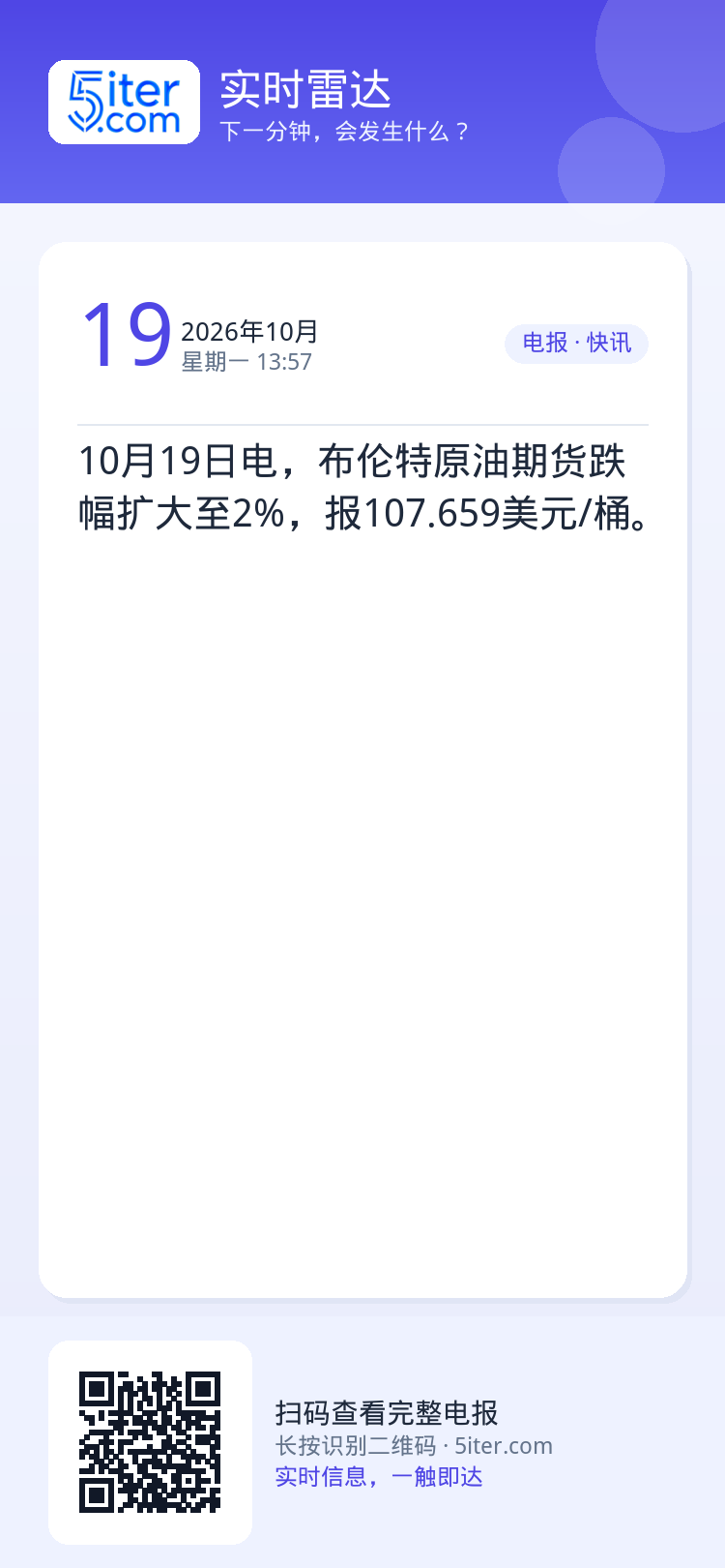 10月19日电，布伦特原油期货跌幅扩大至2%，报107.659美元/桶。