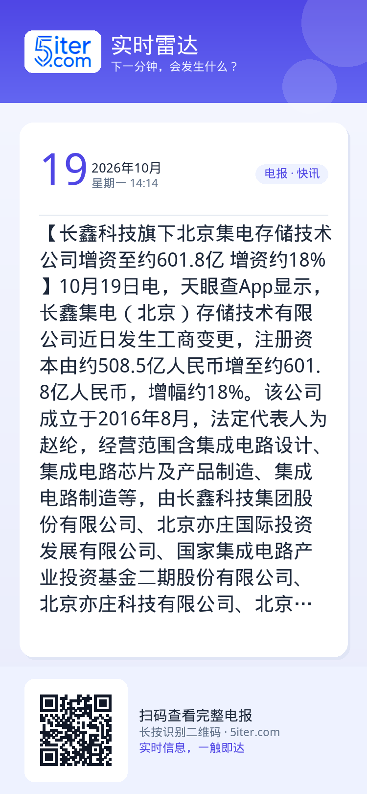 【长鑫科技旗下北京集电存储技术公司增资至约601.8亿 增资约18%】10月19日电，天眼查App显示，长鑫集电（北京）