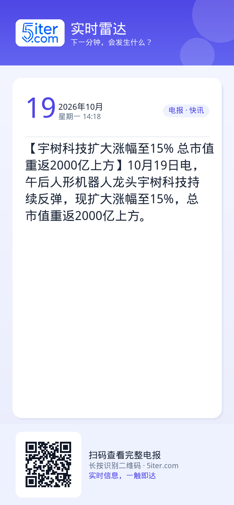 【宇树科技扩大涨幅至15% 总市值重返2000亿上方】10月19日电，午后人形机器人龙头宇树科技持续反弹，现扩大涨幅至1
