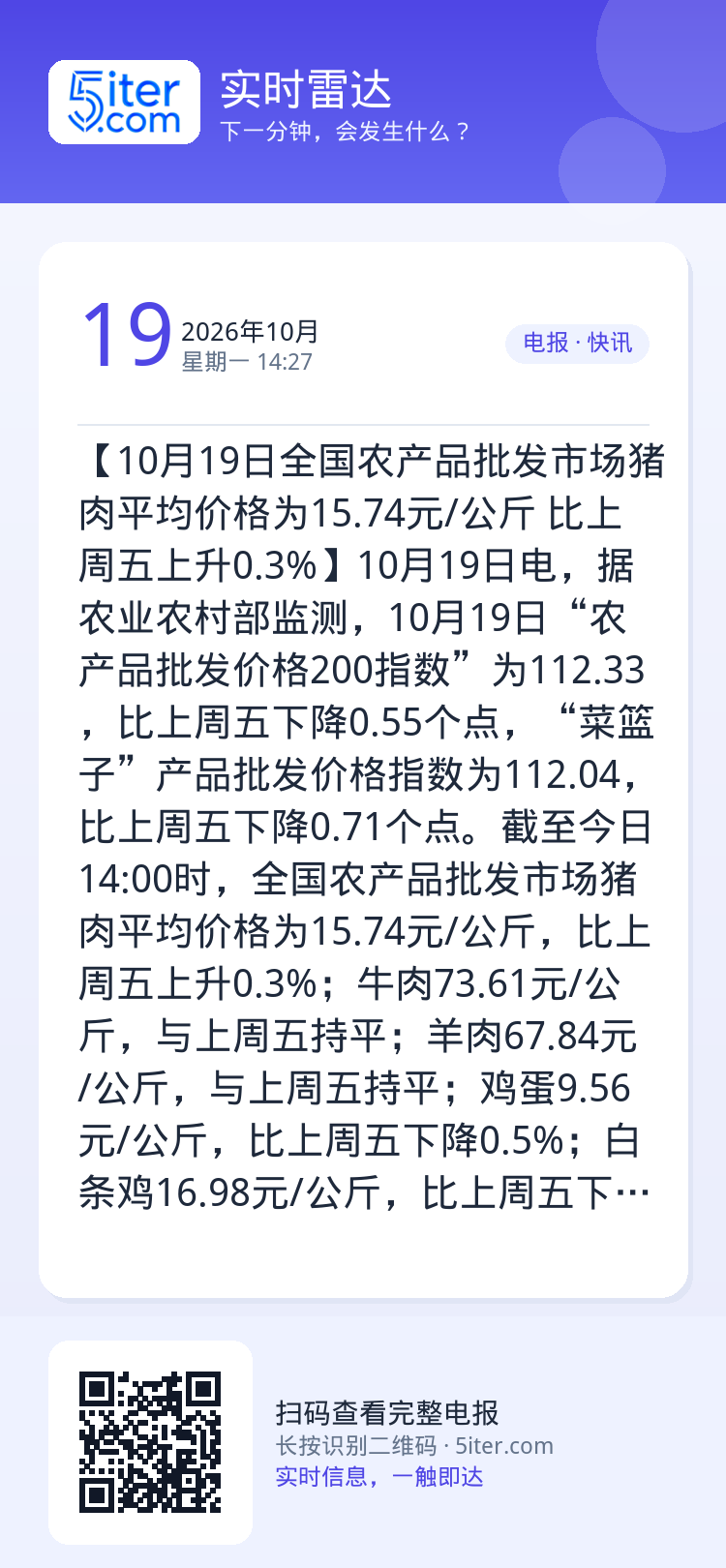 【10月19日全国农产品批发市场猪肉平均价格为15.74元/公斤 比上周五上升0.3%】10月19日电，据农业农村部监测