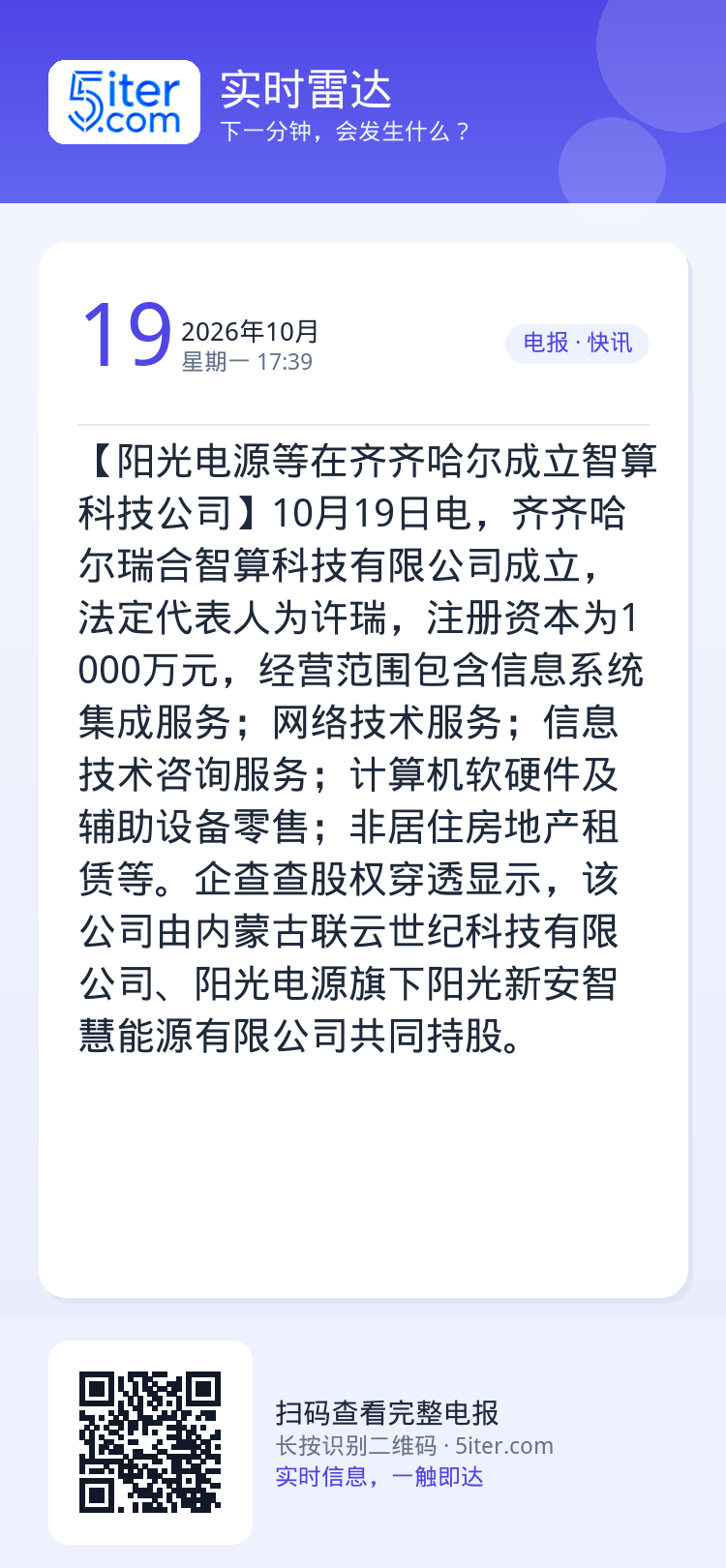 【阳光电源等在齐齐哈尔成立智算科技公司】10月19日电，齐齐哈尔瑞合智算科技有限公司成立，法定代表人为许瑞，注册资本为1