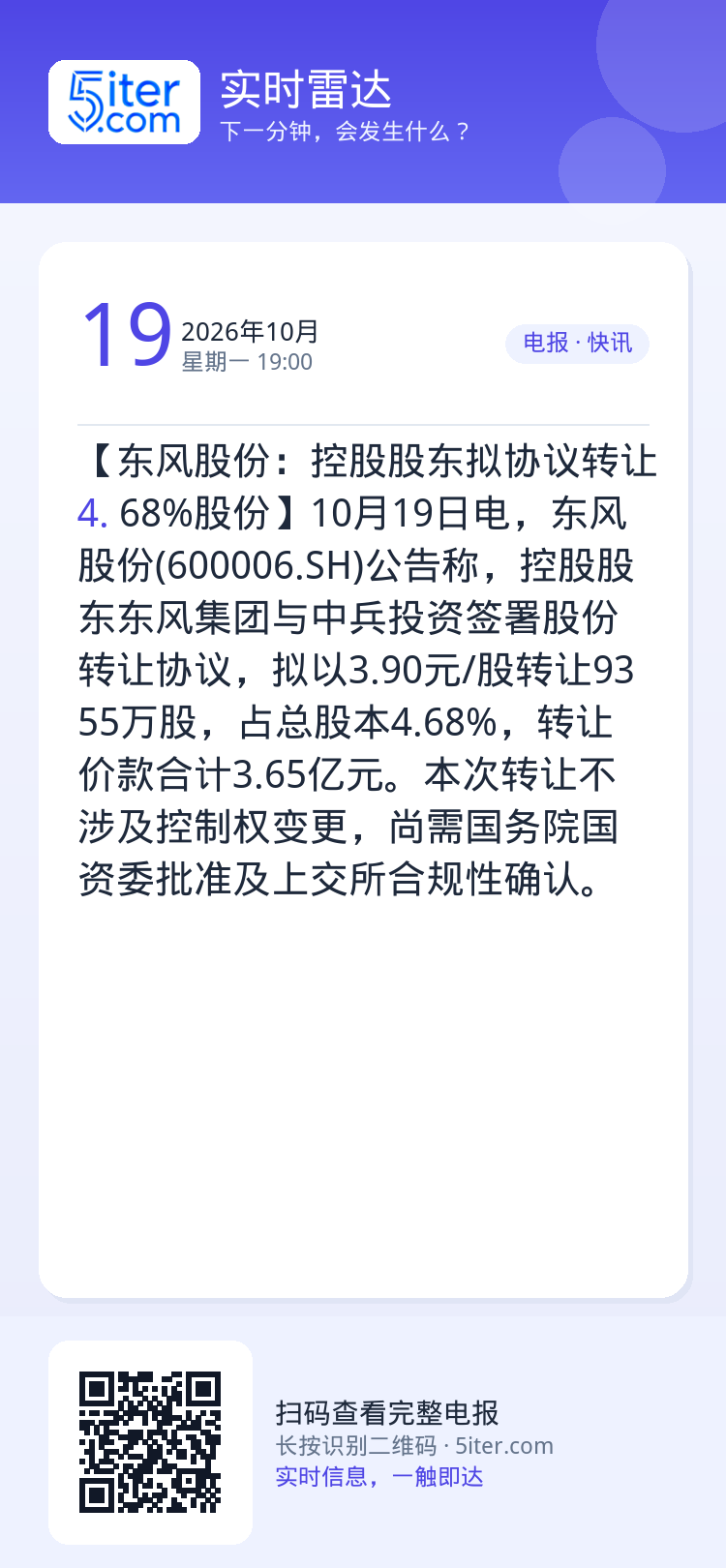 【东风股份：控股股东拟协议转让4.68%股份】10月19日电，东风股份(600006.SH)公告称，控股股东东风集团与中