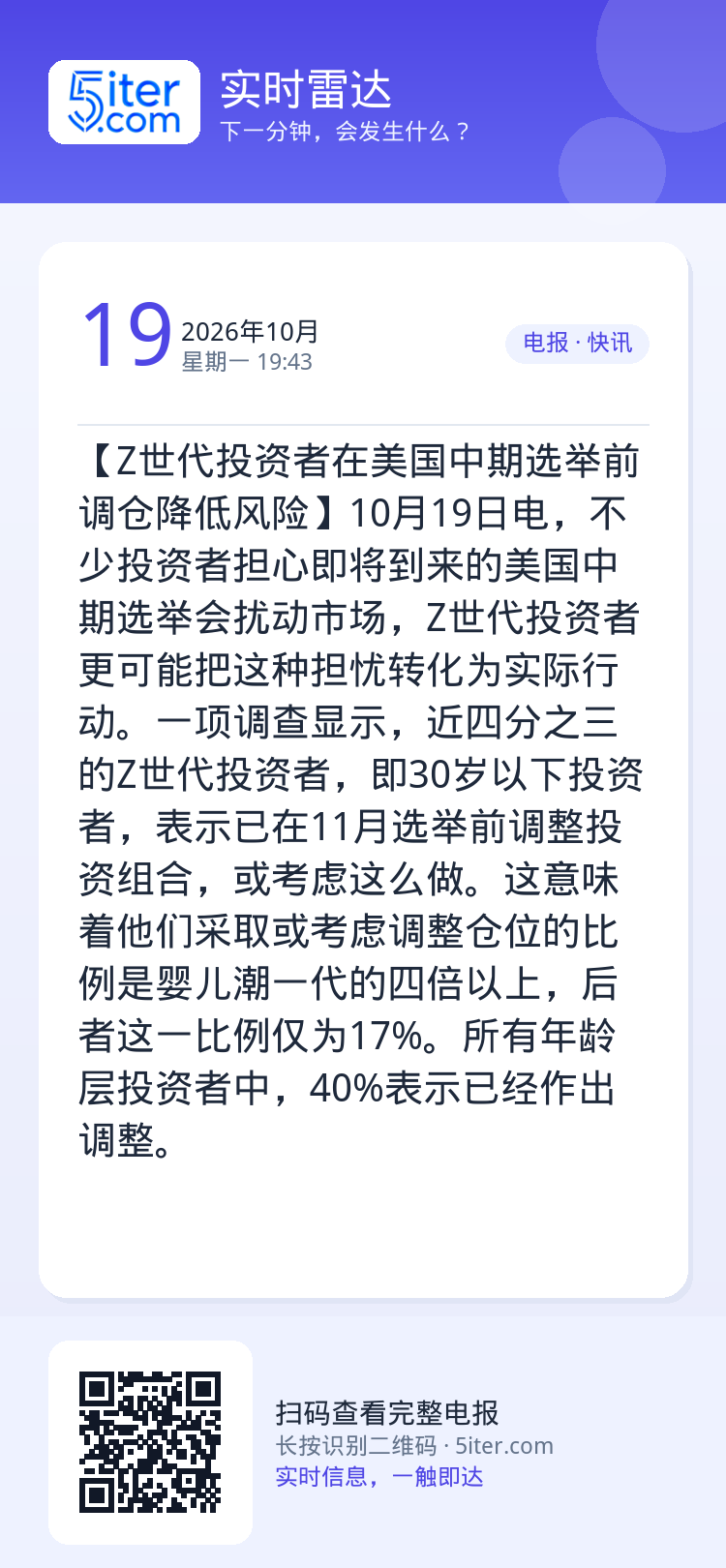 【Z世代投资者在美国中期选举前调仓降低风险】10月19日电，不少投资者担心即将到来的美国中期选举会扰动市场，Z世代投资者