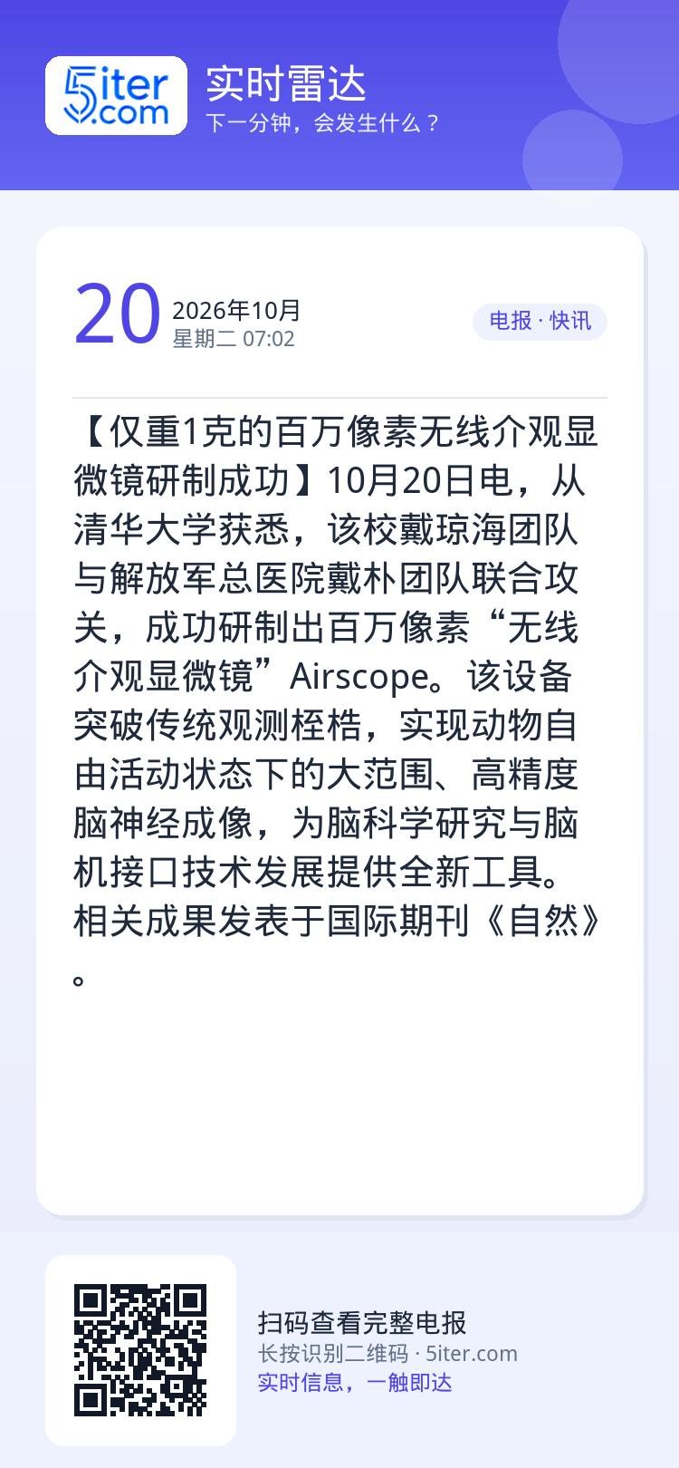 【仅重1克的百万像素无线介观显微镜研制成功】10月20日电，从清华大学获悉，该校戴琼海团队与解放军总医院戴朴团队联合攻关