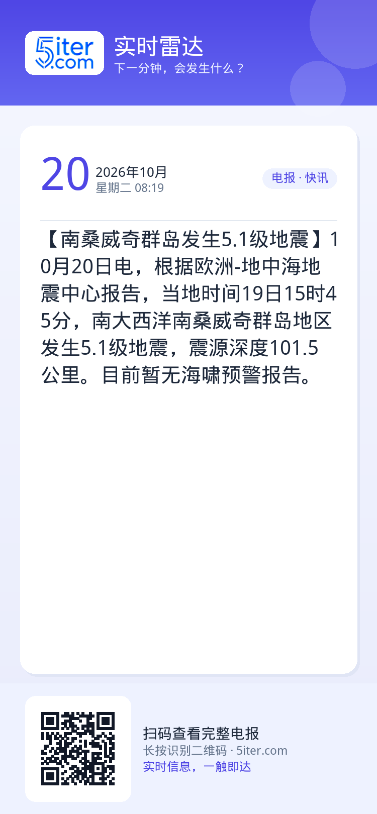 【南桑威奇群岛发生5.1级地震】10月20日电，根据欧洲-地中海地震中心报告，当地时间19日15时45分，南大西洋南桑威