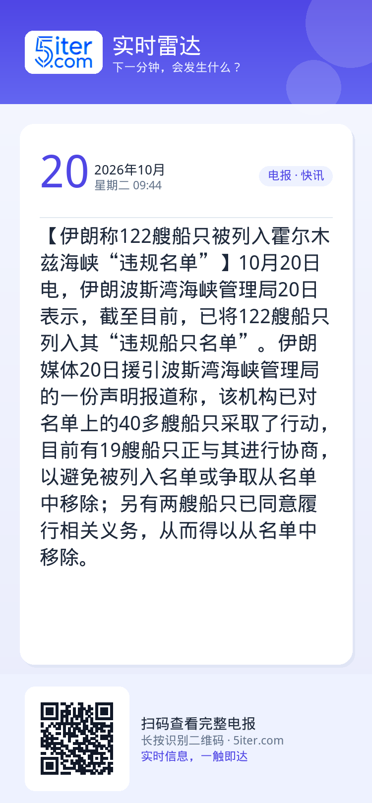 【伊朗称122艘船只被列入霍尔木兹海峡“违规名单”】10月20日电，伊朗波斯湾海峡管理局20日表示，截至目前，已将122