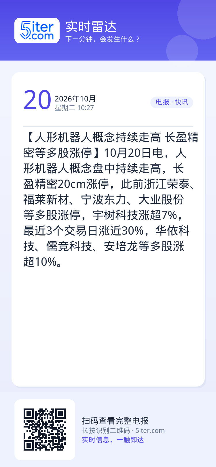 【人形机器人概念持续走高 长盈精密等多股涨停】10月20日电，人形机器人概念盘中持续走高，长盈精密20cm涨停，此前浙江