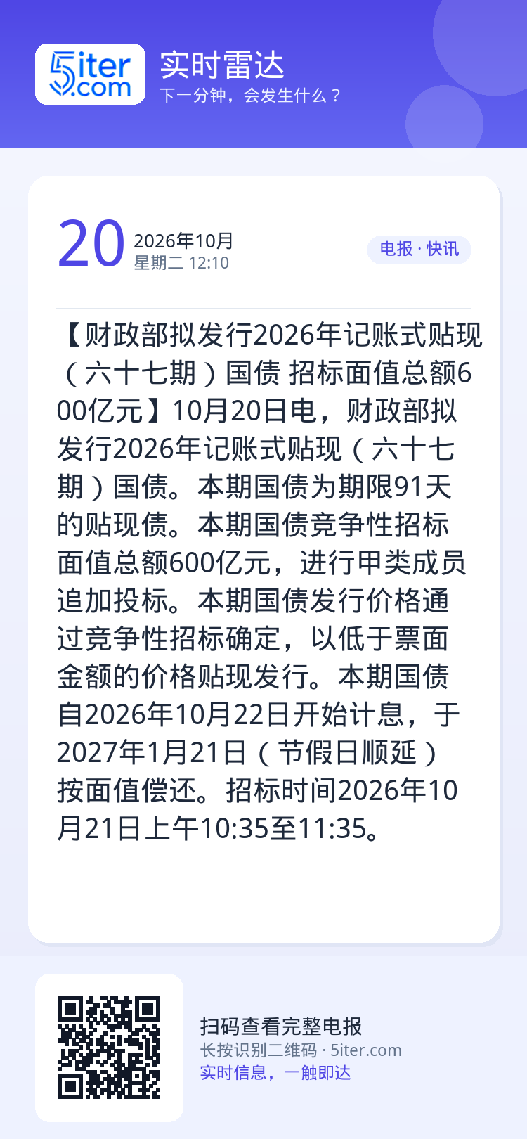 【财政部拟发行2026年记账式贴现（六十七期）国债 招标面值总额600亿元】10月20日电，财政部拟发行2026年记账式
