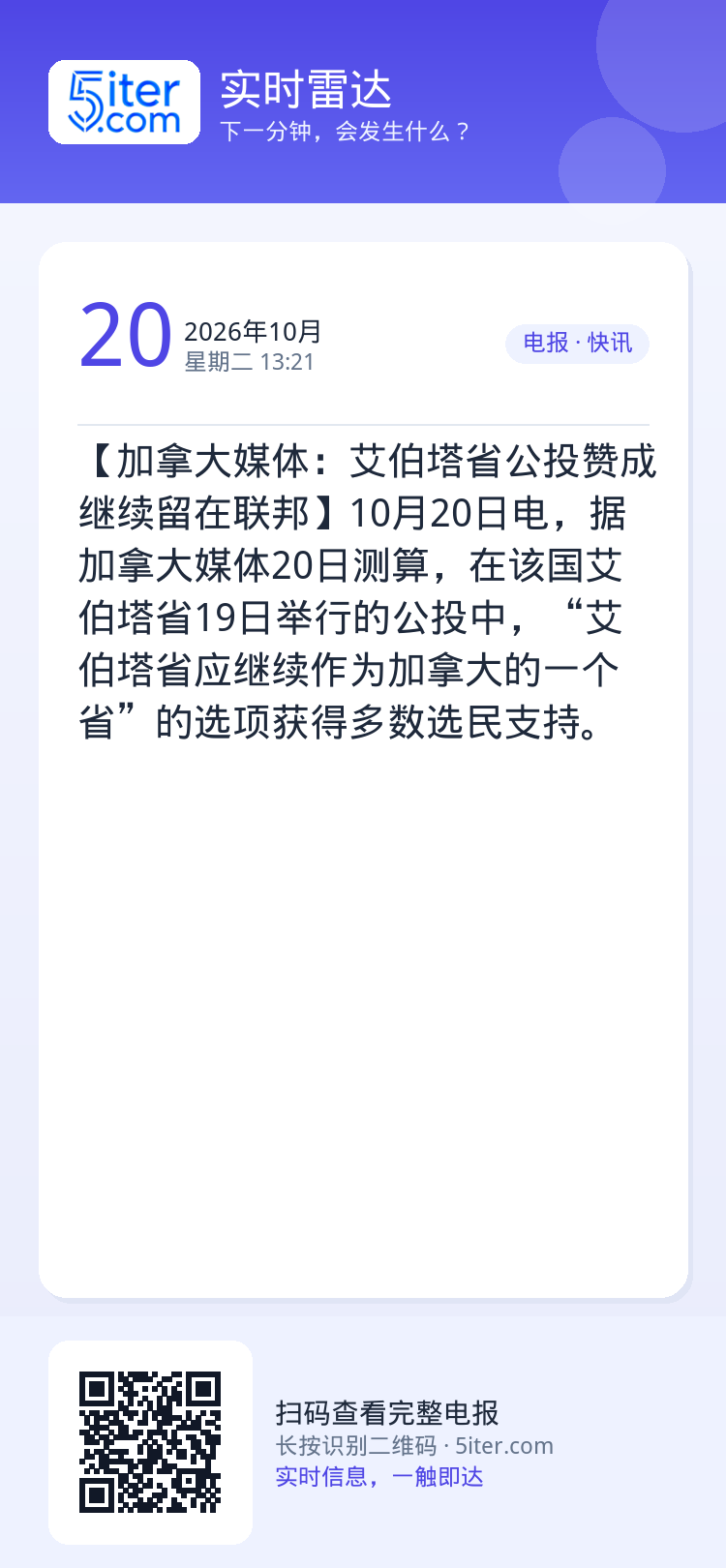 【加拿大媒体：艾伯塔省公投赞成继续留在联邦】10月20日电，据加拿大媒体20日测算，在该国艾伯塔省19日举行的公投中，“