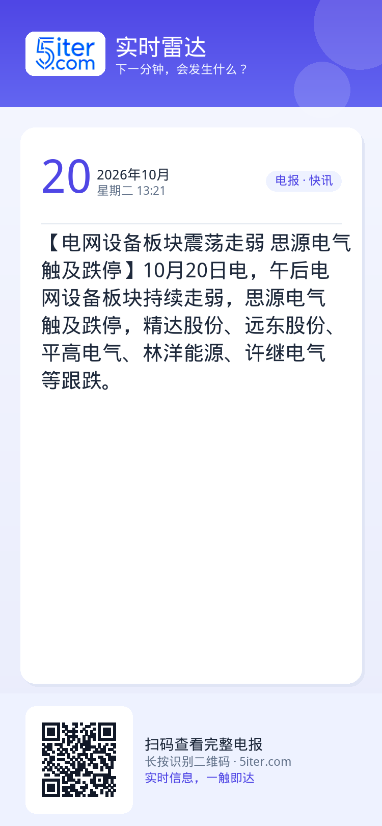 【电网设备板块震荡走弱 思源电气触及跌停】10月20日电，午后电网设备板块持续走弱，思源电气触及跌停，精达股份、远东股份