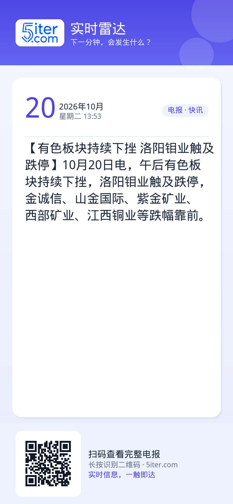 【有色板块持续下挫 洛阳钼业触及跌停】10月20日电，午后有色板块持续下挫，洛阳钼业触及跌停，金诚信、山金国际、紫金矿业