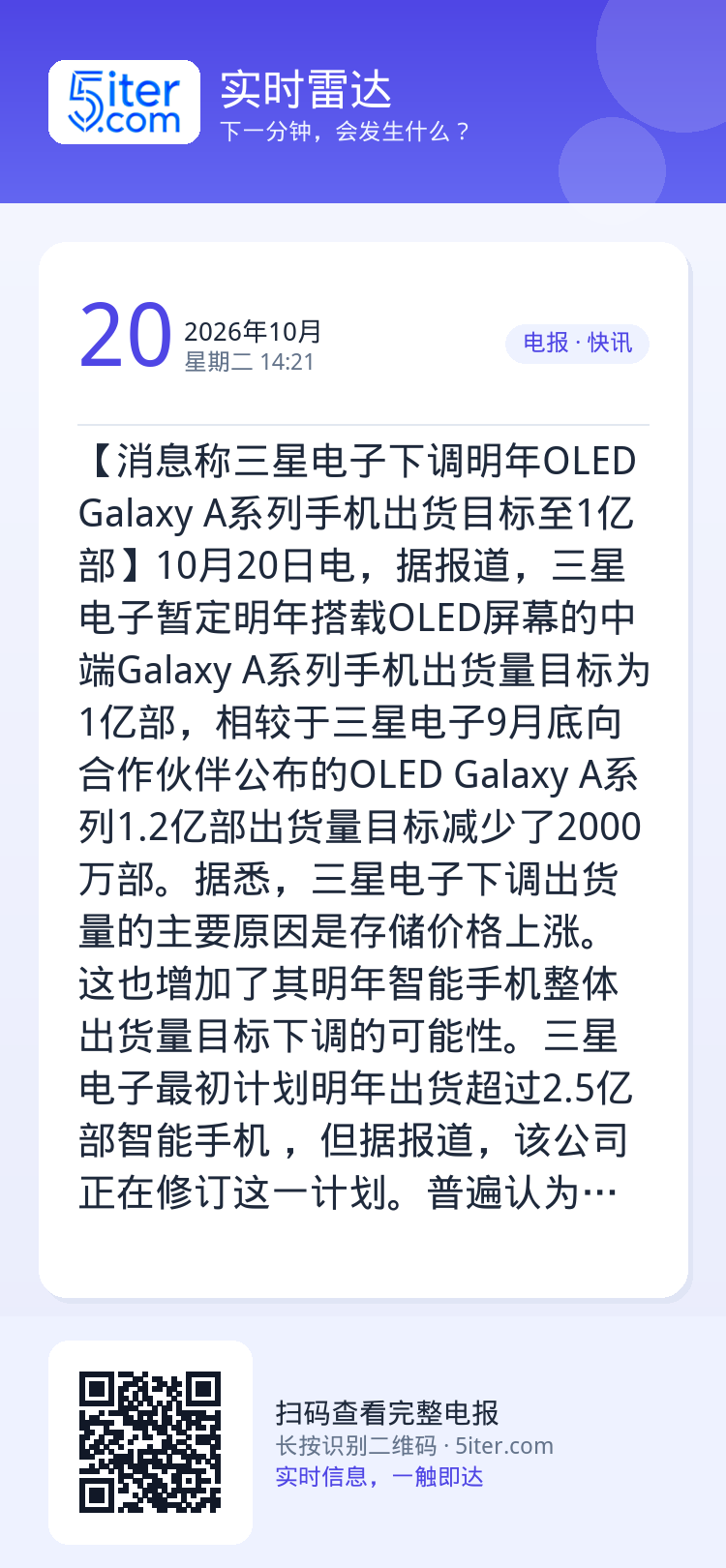 【消息称三星电子下调明年OLED Galaxy A系列手机出货目标至1亿部】10月20日电，据报道，三星电子暂定明年搭载
