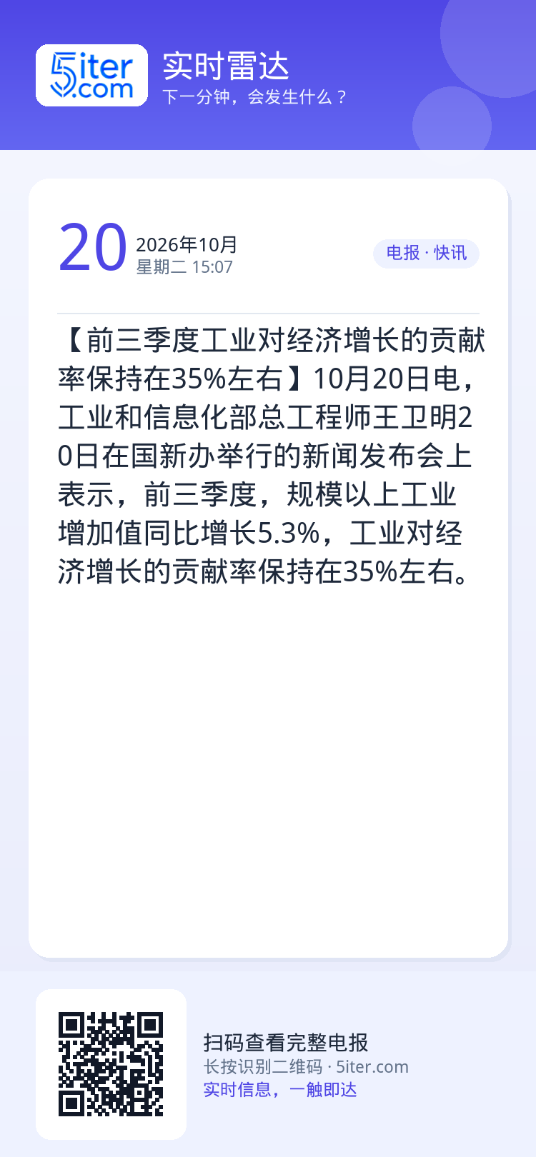 【前三季度工业对经济增长的贡献率保持在35%左右】10月20日电，工业和信息化部总工程师王卫明20日在国新办举行的新闻发