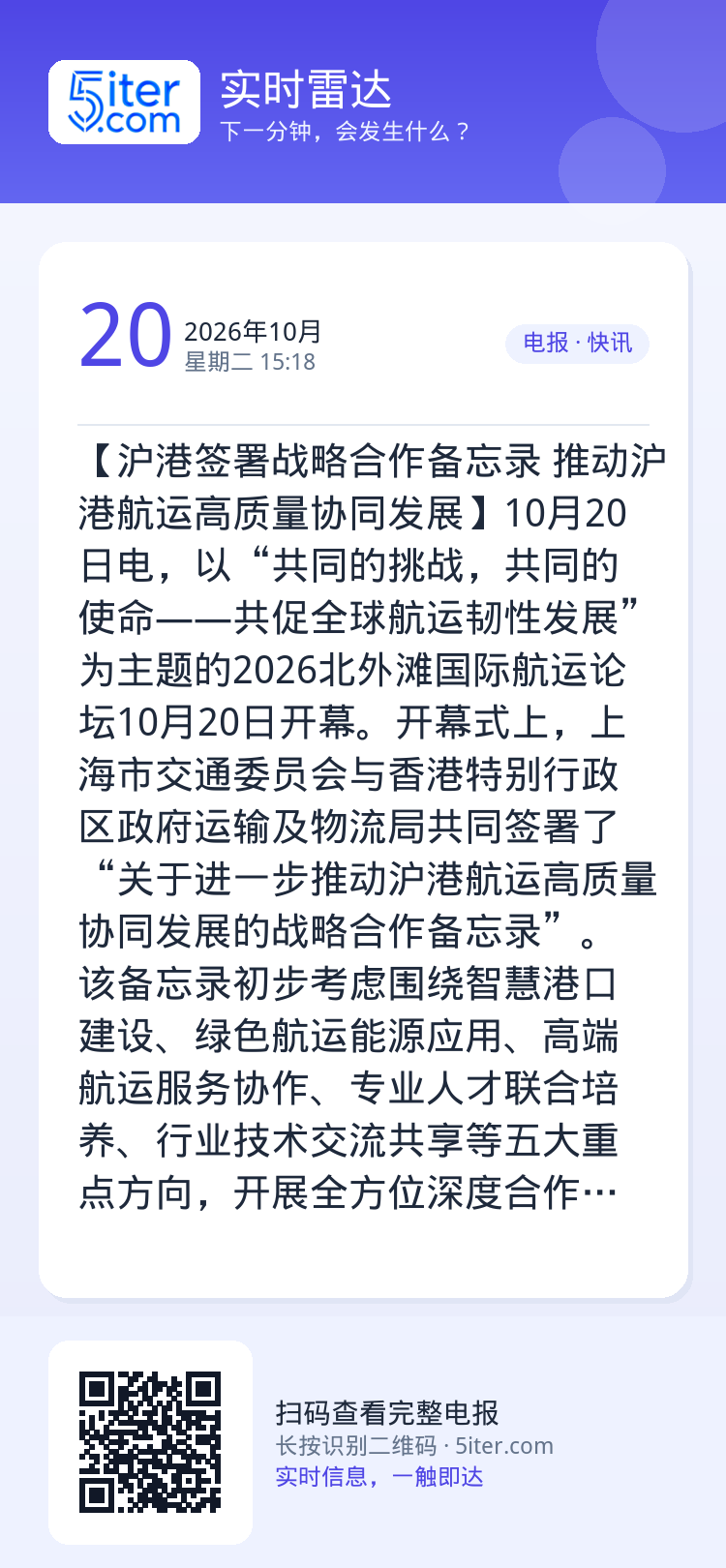 【沪港签署战略合作备忘录 推动沪港航运高质量协同发展】10月20日电，以“共同的挑战，共同的使命——共促全球航运韧性发展