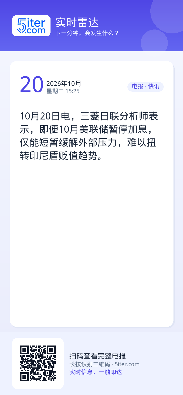 10月20日电，三菱日联分析师表示，即便10月美联储暂停加息，仅能短暂缓解外部压力，难以扭转印尼盾贬值趋势。