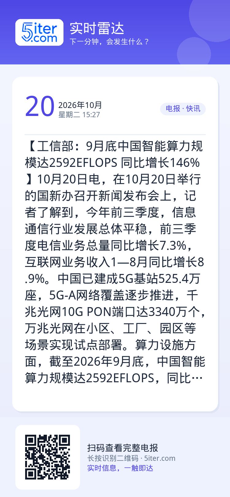【工信部：9月底中国智能算力规模达2592EFLOPS 同比增长146%】10月20日电，在10月20日举行的国新办召开