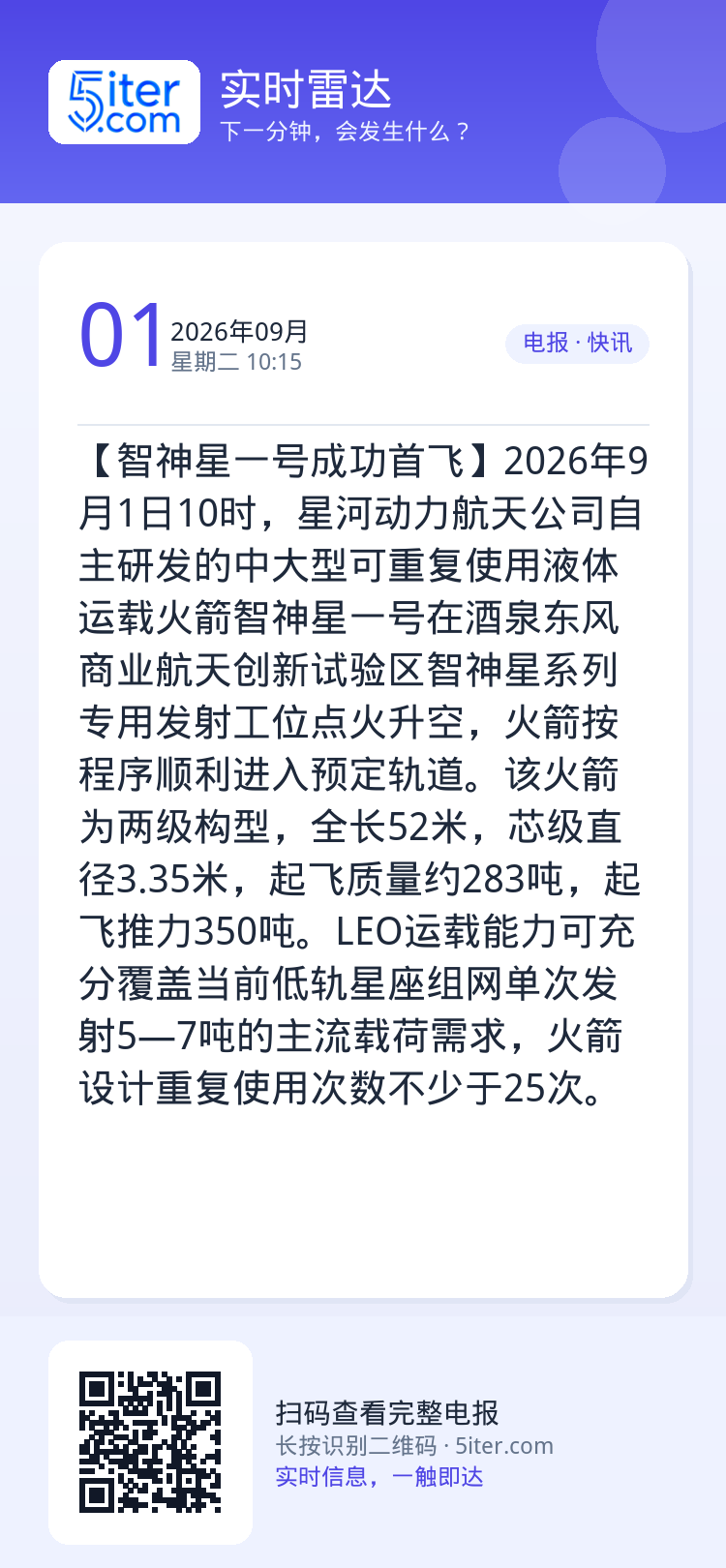 【智神星一号成功首飞】2026年9月1日10时，星河动力航天公司自主研发的中大型可重复使用液体运载火箭智神星一号在酒泉东