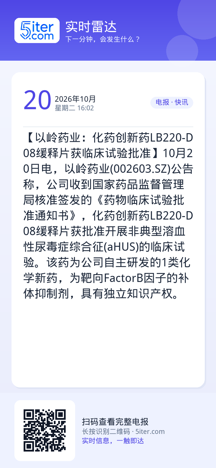 【以岭药业：化药创新药LB220-D08缓释片获临床试验批准】10月20日电，以岭药业(002603.SZ)公告称，公司