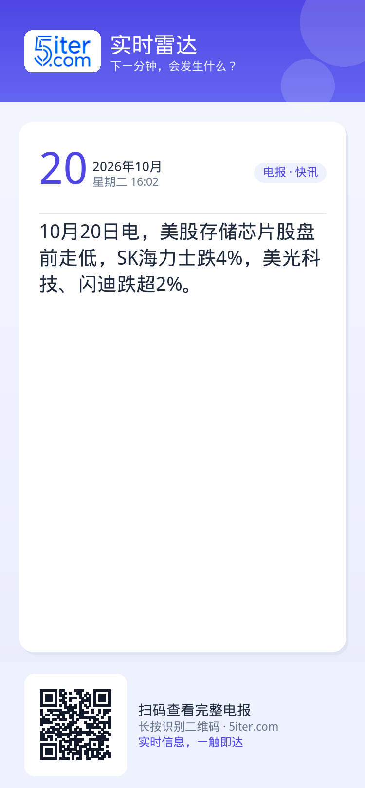 10月20日电，美股存储芯片股盘前走低，SK海力士跌4%，美光科技、闪迪跌超2%。