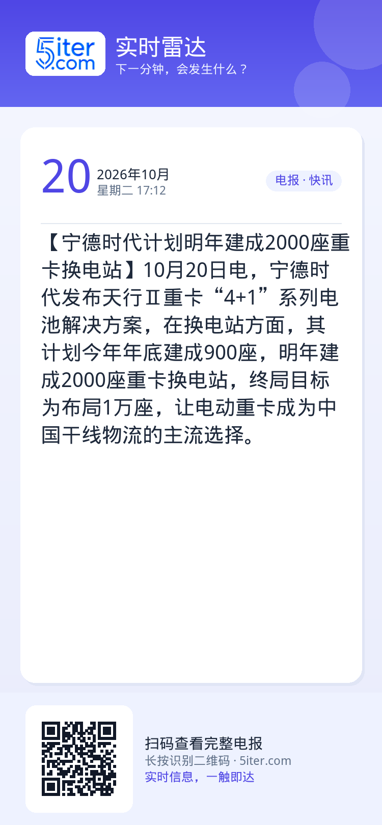 【宁德时代计划明年建成2000座重卡换电站】10月20日电，宁德时代发布天行Ⅱ重卡“4+1”系列电池解决方案，在换电站方