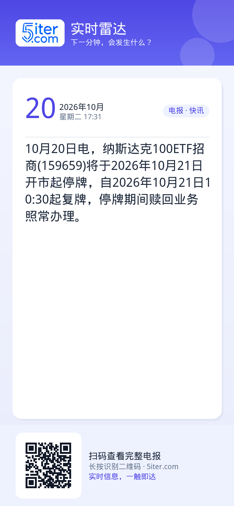 10月20日电，纳斯达克100ETF招商(159659)将于2026年10月21日开市起停牌，自2026年10月21日1