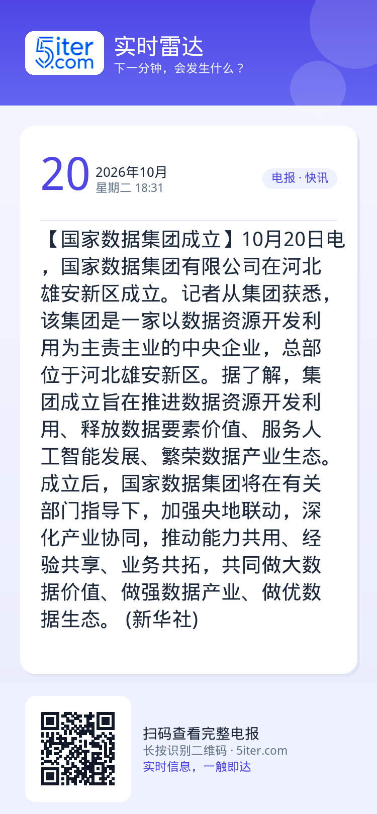 【国家数据集团成立】10月20日电，国家数据集团有限公司在河北雄安新区成立。记者从集团获悉，该集团是一家以数据资源开发利