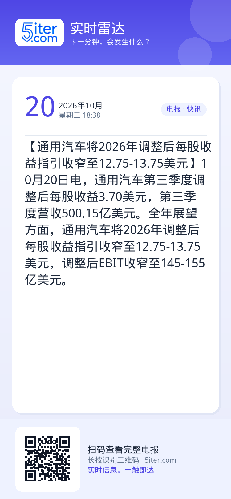 【通用汽车将2026年调整后每股收益指引收窄至12.75-13.75美元】10月20日电，通用汽车第三季度调整后每股收益