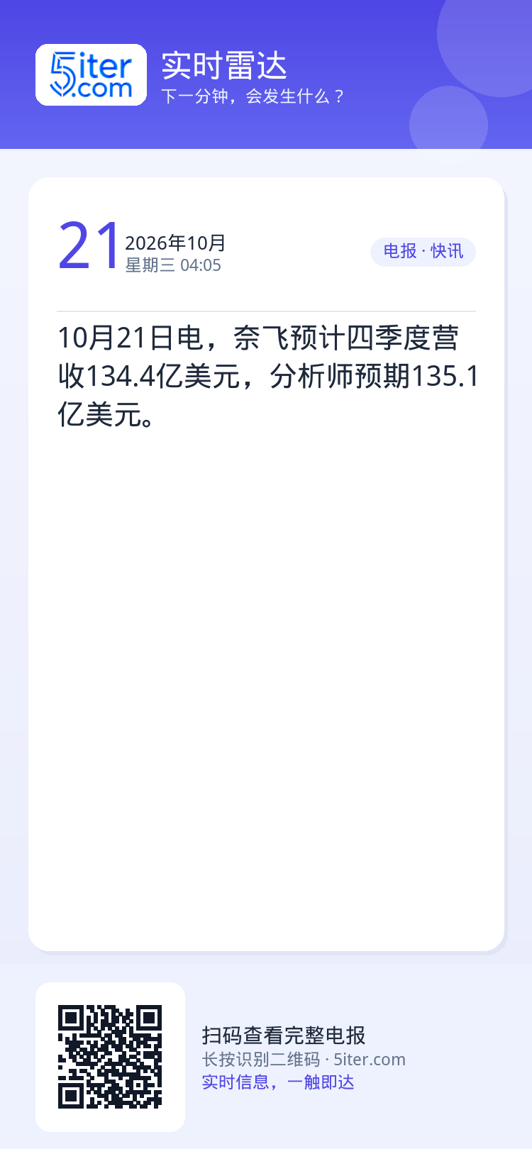 10月21日电，奈飞预计四季度营收134.4亿美元，分析师预期135.1亿美元。