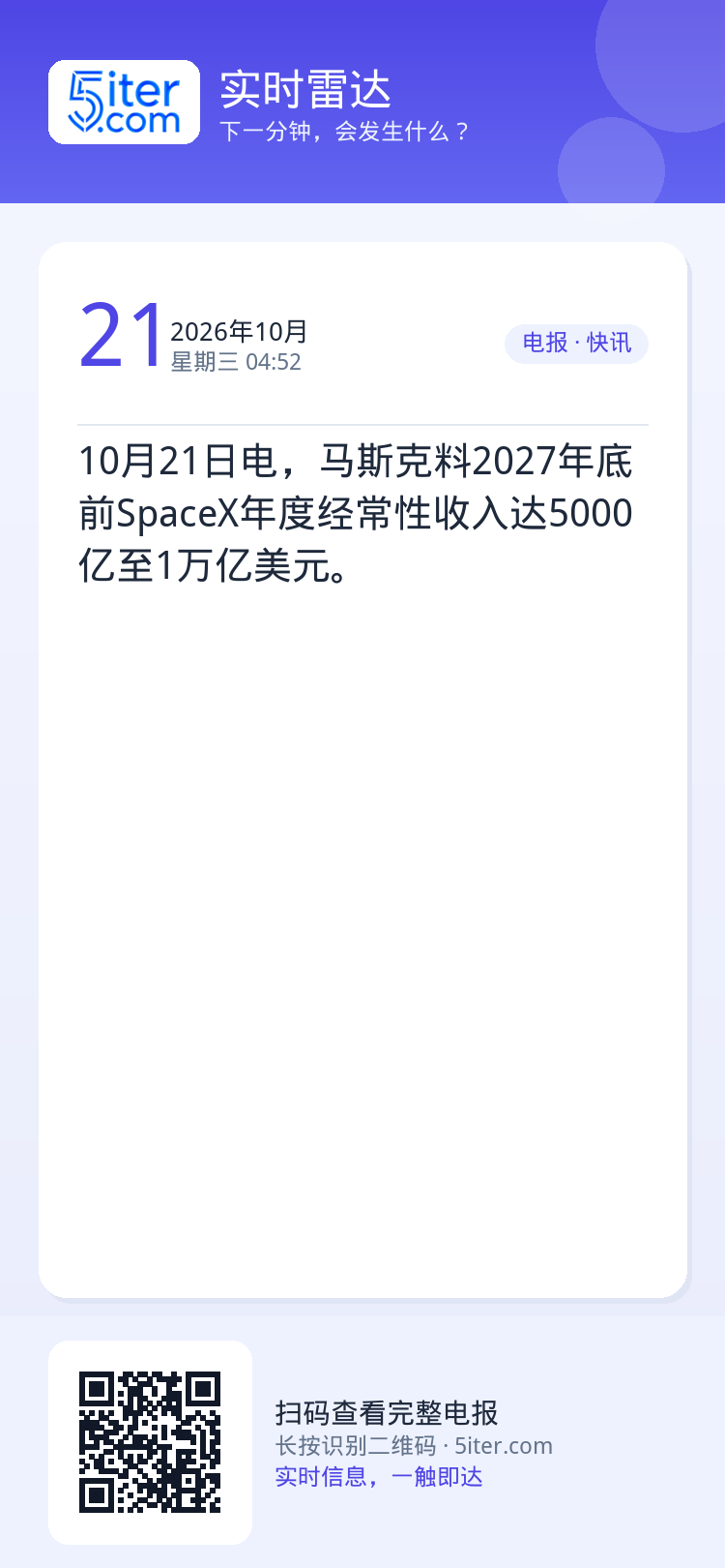 10月21日电，马斯克料2027年底前SpaceX年度经常性收入达5000亿至1万亿美元。