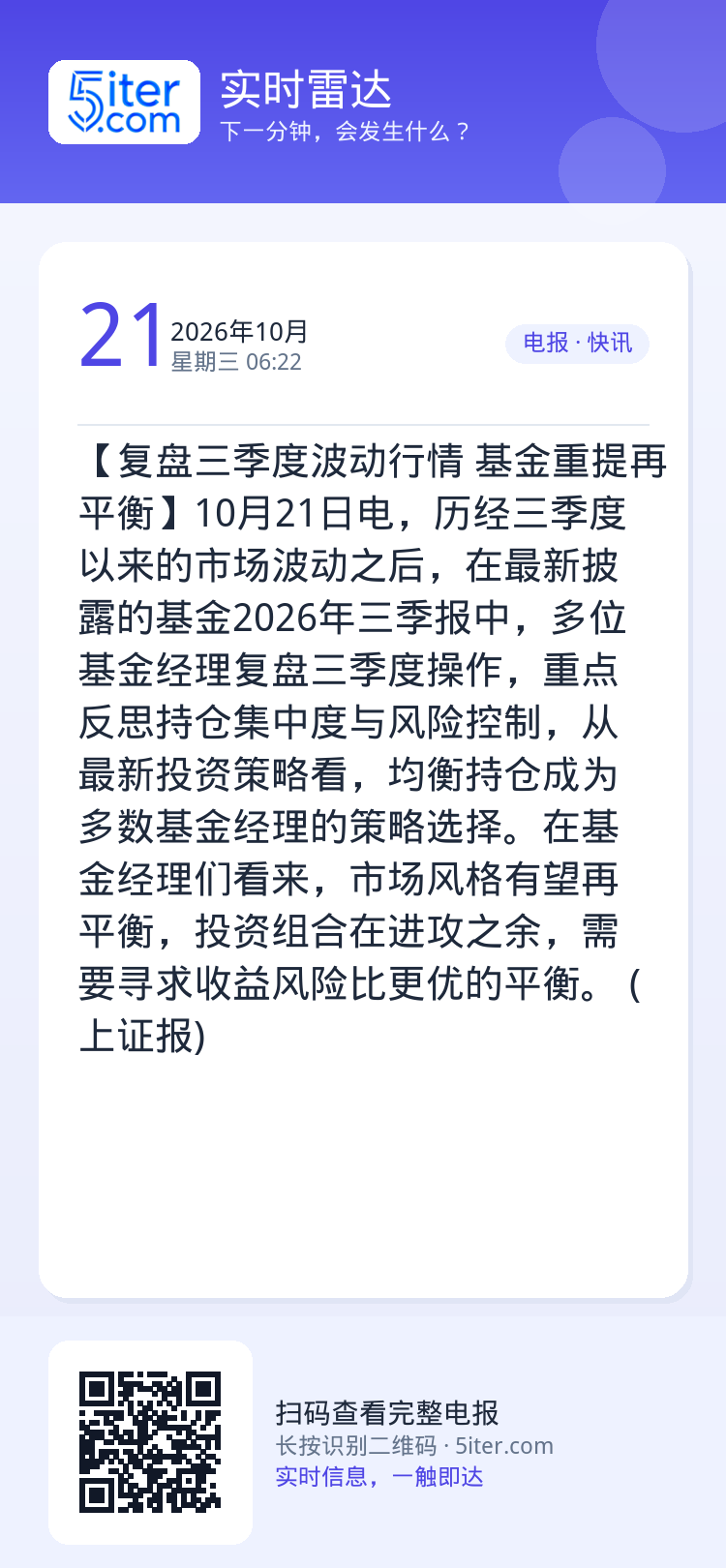 【复盘三季度波动行情 基金重提再平衡】10月21日电，历经三季度以来的市场波动之后，在最新披露的基金2026年三季报中，