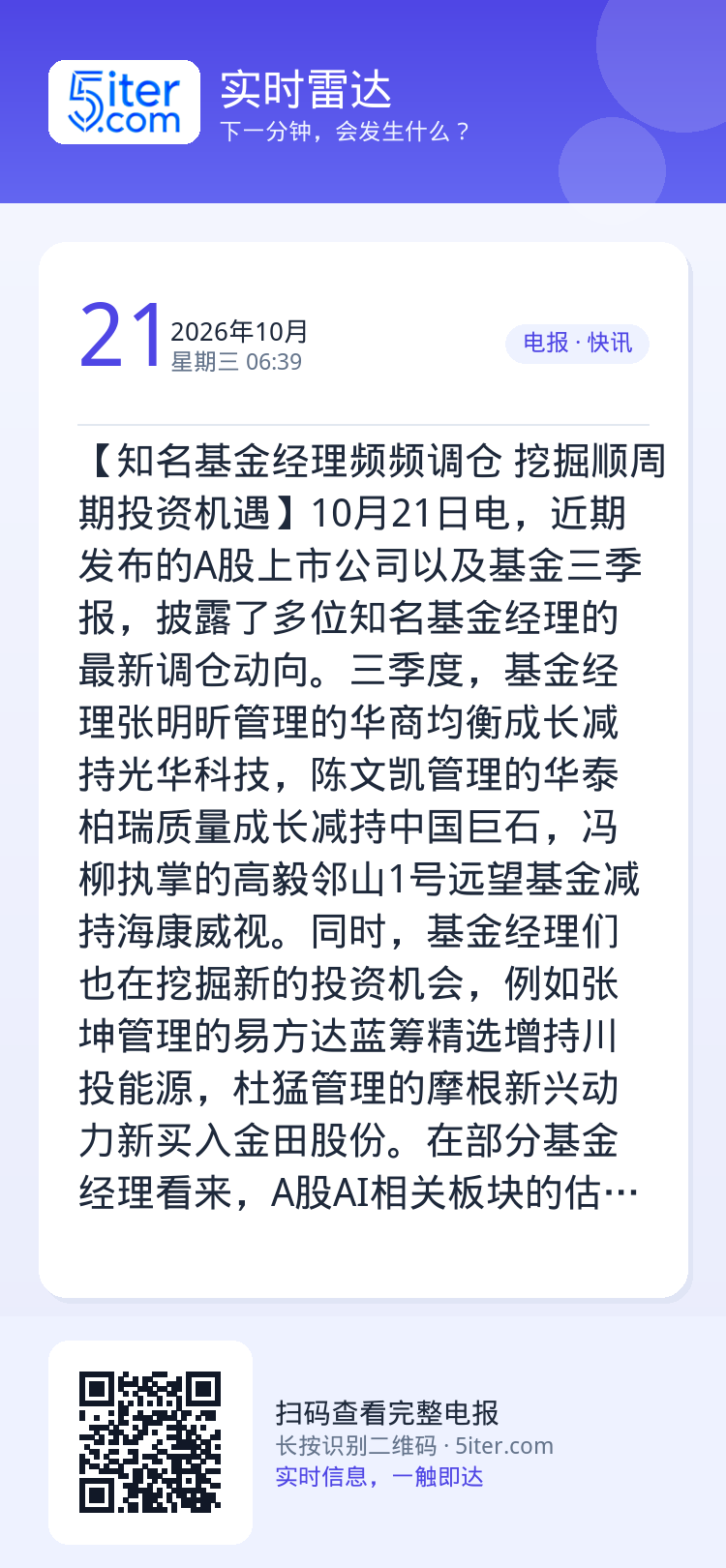 【知名基金经理频频调仓 挖掘顺周期投资机遇】10月21日电，近期发布的A股上市公司以及基金三季报，披露了多位知名基金经理