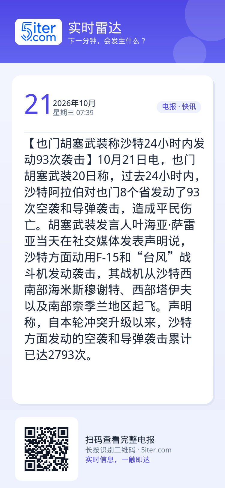 【也门胡塞武装称沙特24小时内发动93次袭击】10月21日电，也门胡塞武装20日称，过去24小时内，沙特阿拉伯对也门8个