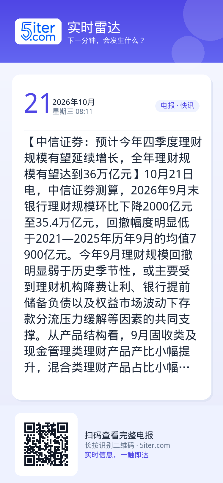 【中信证券：预计今年四季度理财规模有望延续增长，全年理财规模有望达到36万亿元】10月21日电，中信证券测算，2026年