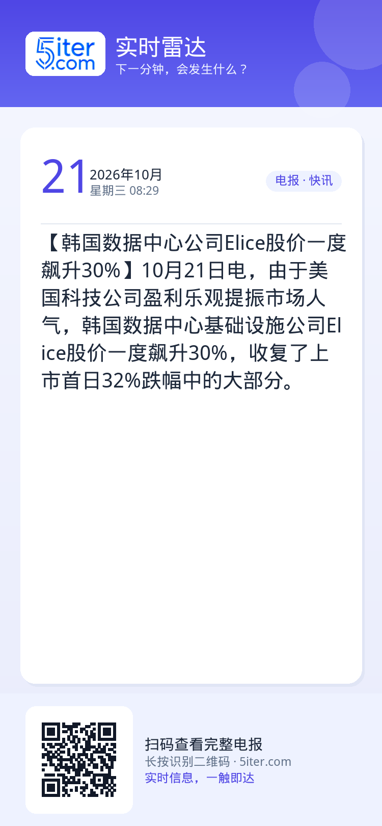 【韩国数据中心公司Elice股价一度飙升30%】10月21日电，由于美国科技公司盈利乐观提振市场人气，韩国数据中心基础设
