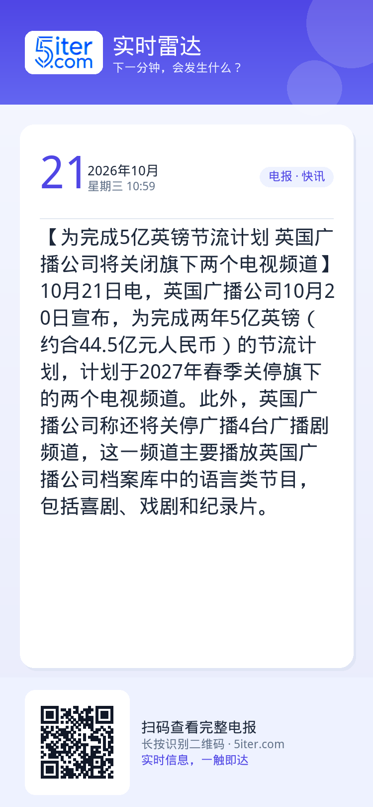 【为完成5亿英镑节流计划 英国广播公司将关闭旗下两个电视频道】10月21日电，英国广播公司10月20日宣布，为完成两年5
