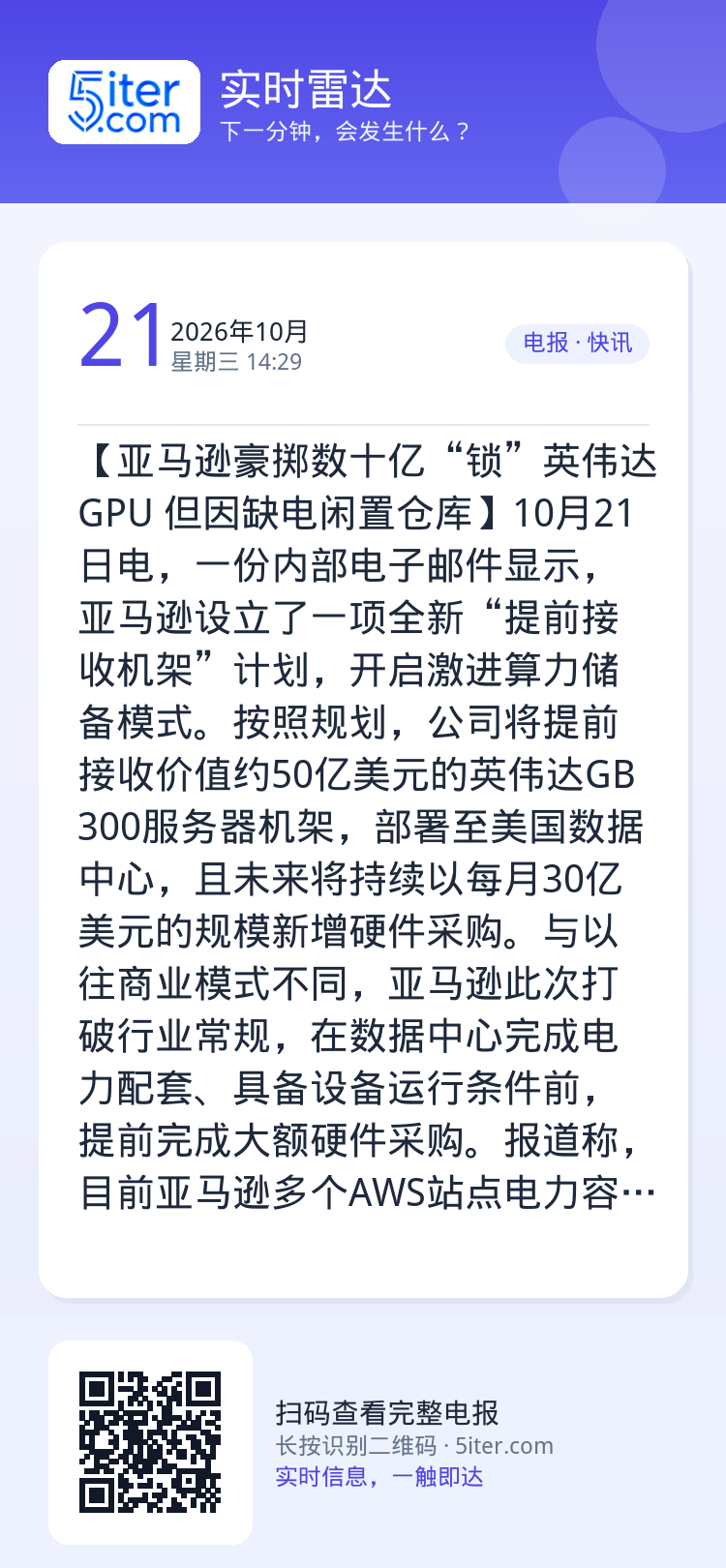 【亚马逊豪掷数十亿“锁”英伟达GPU 但因缺电闲置仓库】10月21日电，一份内部电子邮件显示，亚马逊设立了一项全新“提前